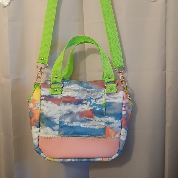 New Rainbow Clouds Sky print Crossbody Stachel Purse Bag Small Blue Pink Green - Picture 1 of 11